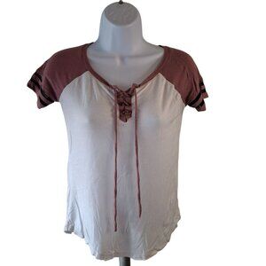 Glitz Womens Raglan Lace Up T Shirt S Burgundy White Boho Western